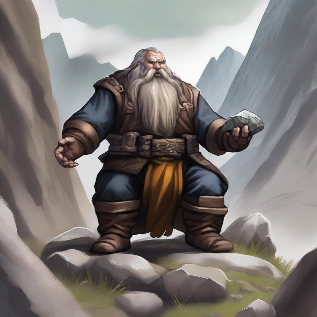 A dwarven earth kineticist in a rugged mountain terrain, surrounded by rocks and boulders