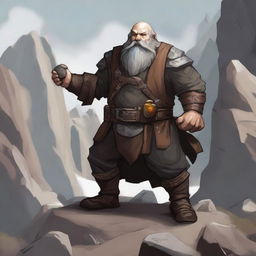 A dwarven earth kineticist in a rugged mountain terrain, surrounded by rocks and boulders