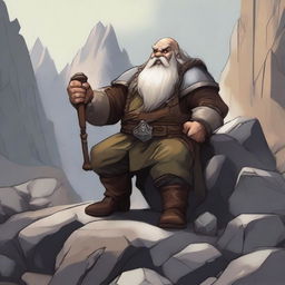 A dwarven earth kineticist in a rugged mountain terrain, surrounded by rocks and boulders