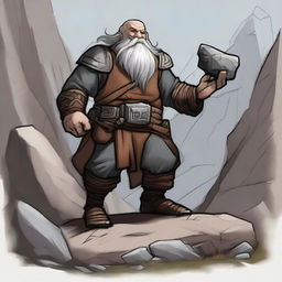 A dwarven earth kineticist in a rugged mountain terrain, surrounded by rocks and boulders