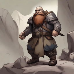 A dwarven earth kineticist in a rugged mountainous terrain, surrounded by a powerful rock aura