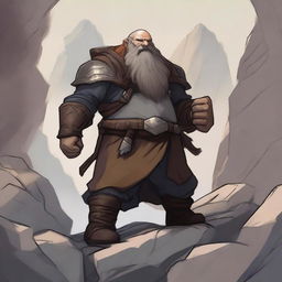 A dwarven earth kineticist in a rugged mountainous terrain, surrounded by a powerful rock aura