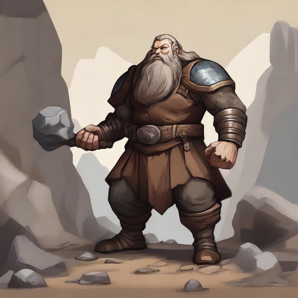 A dwarven earth kineticist in a rugged mountainous terrain, surrounded by a powerful rock aura