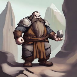 A dwarven earth kineticist in a rugged mountainous terrain, surrounded by a powerful rock aura