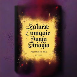 Create a book cover with a gothic feel, predominantly black, featuring small red blood droplets, a purple border, and yellow sparks near the blood droplets