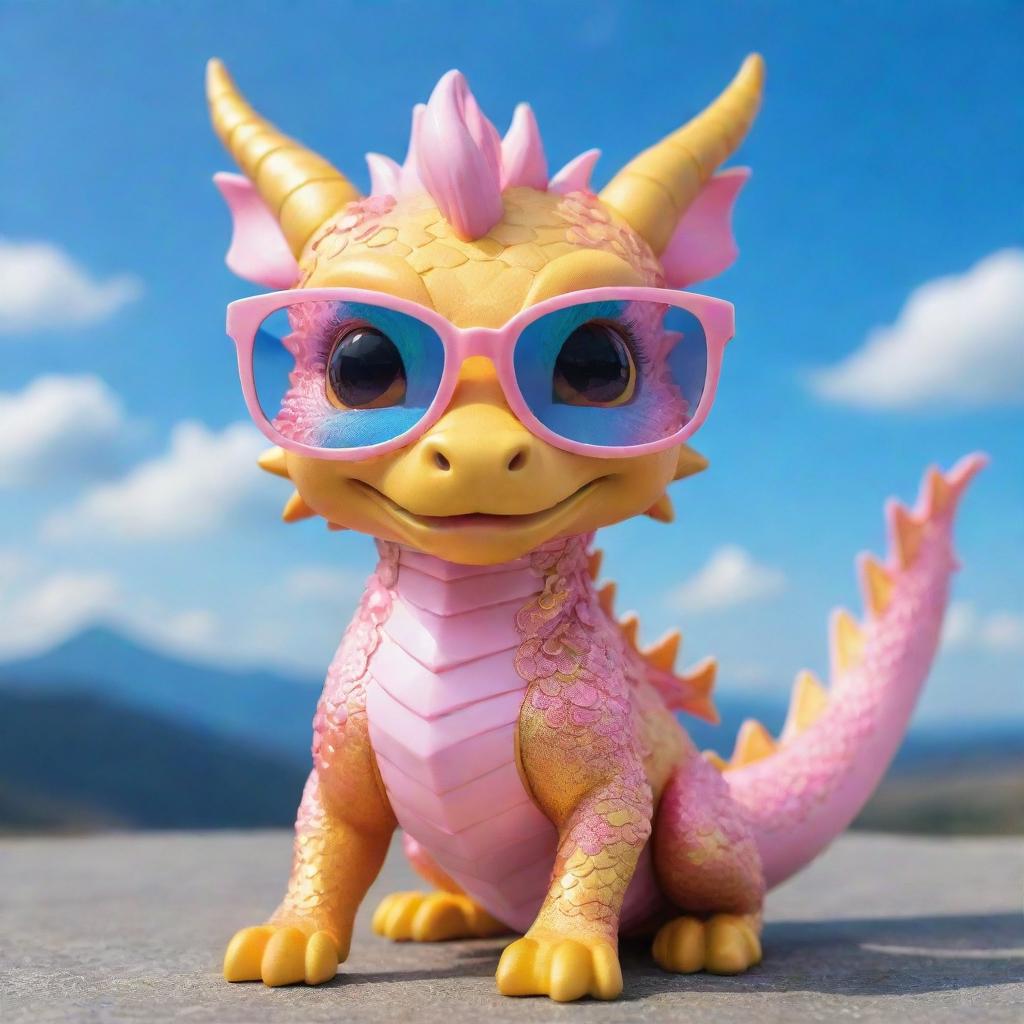 A cute chibi-style golden dragon donned in pink glasses playing under a vibrant blue sky