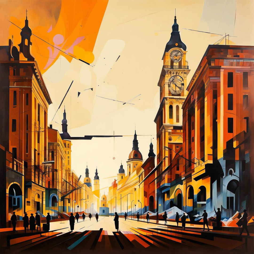 An abstract representation of vintage Cluj, Romania during the Communist era, blending realism and abstraction with a muted palette and vibrant hues, featuring Communist architecture, propaganda, and everyday life scenes