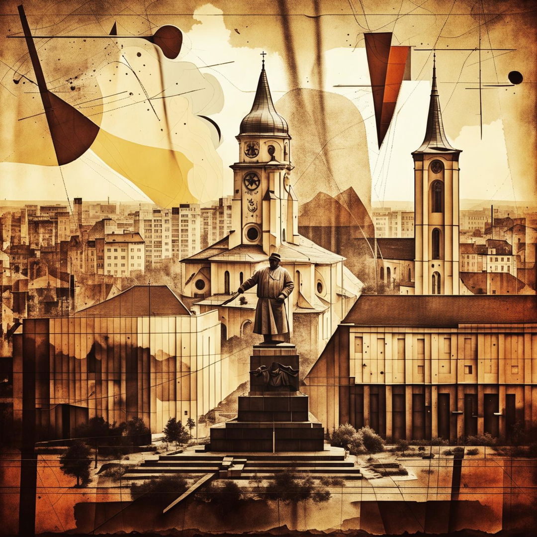 An abstract, vintage depiction of Cluj, Romania during the Communist era, using sepia tones and iconic landmarks intertwined with Communist symbols to evoke historical nostalgia and complexity