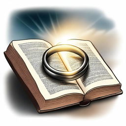 A drawing of a ring placed inside an open Bible, with a light coming from the sky illuminating it