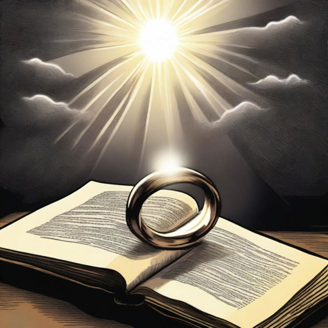 A drawing of a ring placed inside an open Bible, with a light coming from the sky illuminating it