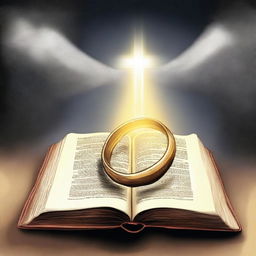 A drawing of a ring placed inside an open Bible, with a light coming from the sky illuminating it