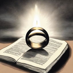 A drawing of a ring placed inside an open Bible, with a light coming from the sky illuminating it