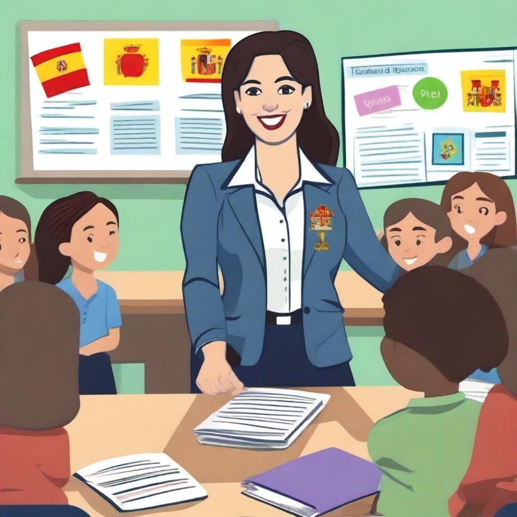 A depiction of a Spanish teacher in a classroom setting