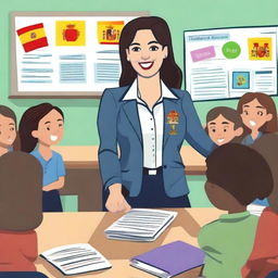 A depiction of a Spanish teacher in a classroom setting