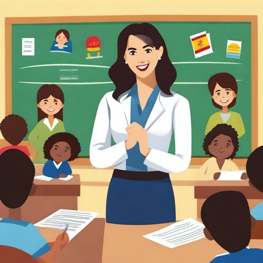 A depiction of a Spanish teacher in a classroom setting