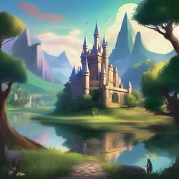 A fantasy landscape featuring a majestic alliance of kingdoms, with shimmering castles, lush forests, and mystical creatures