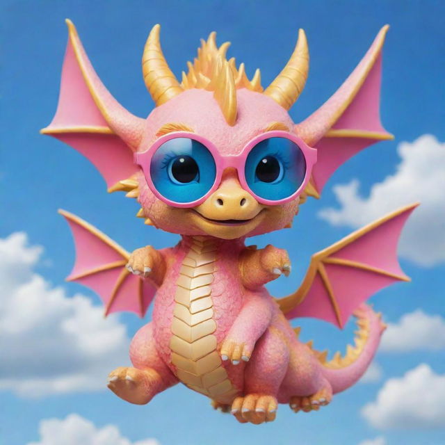 A cute chibi-style golden dragon donned in pink glasses playing under a vibrant blue sky