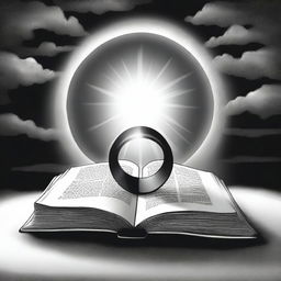 A black and white drawing of a ring placed inside an open Bible, with a light coming from the sky illuminating it