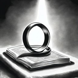 A black and white drawing of a ring placed inside an open Bible, with a light coming from the sky illuminating it