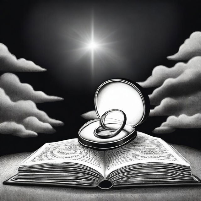 A black and white drawing of a ring placed inside an open Bible, with a light coming from the sky illuminating it