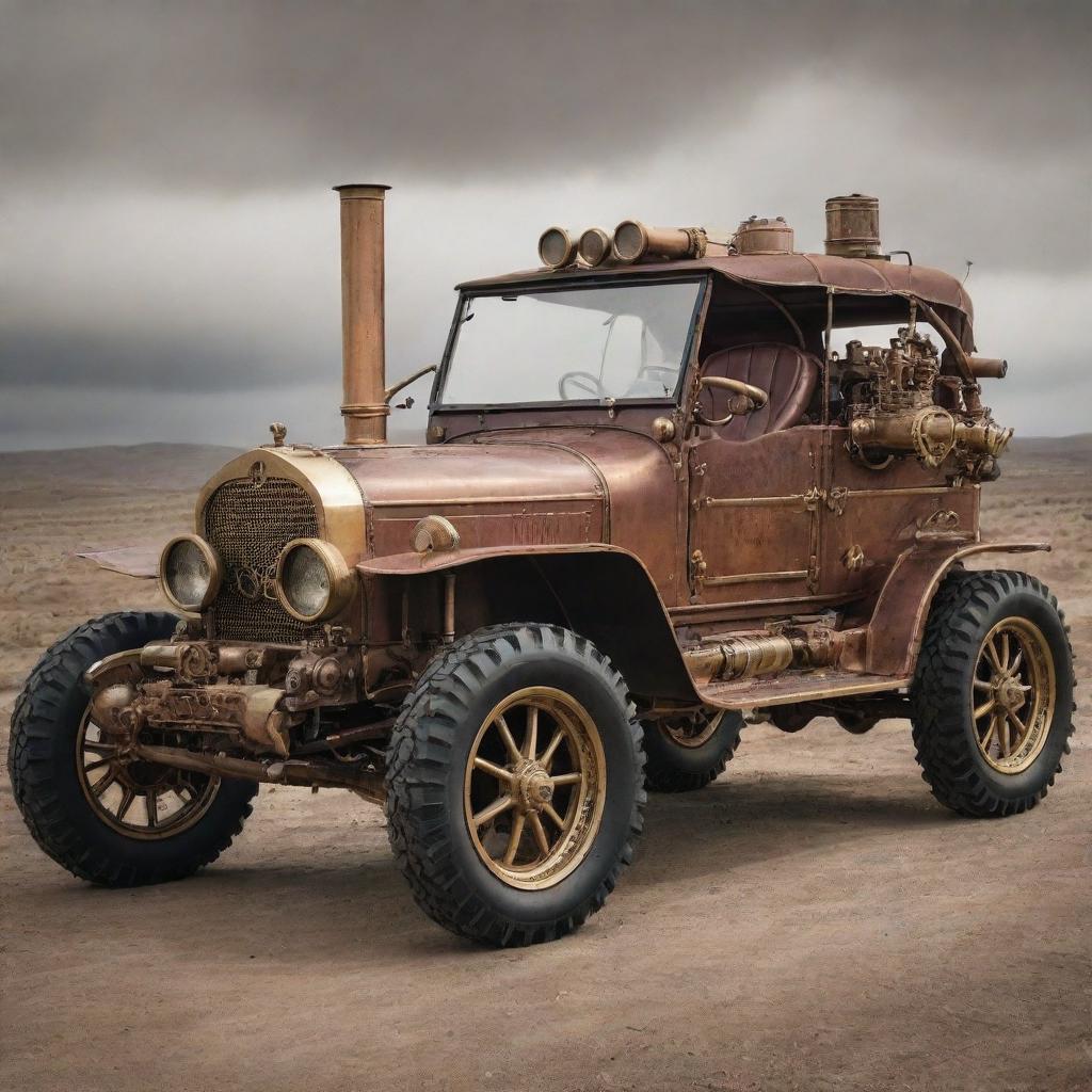 Off-road vehicles transformed in a steampunk style, complete with rugged vintage elements, copper and brass detailing, steam-powered engines, and intricate gearwork.