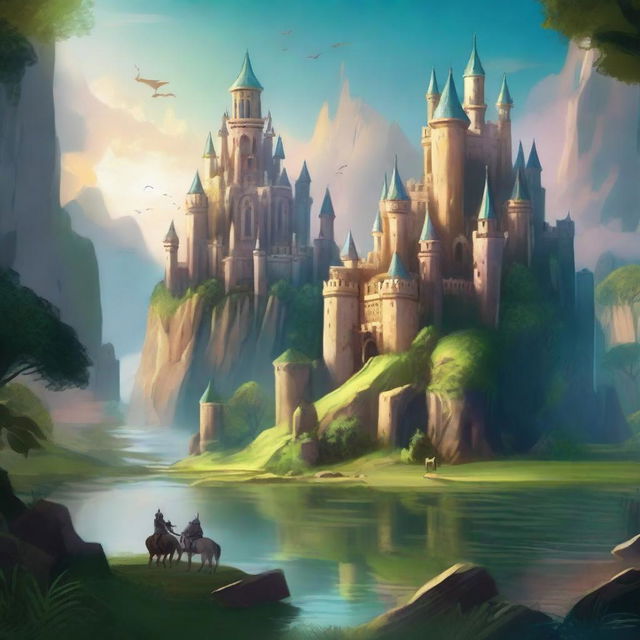 A fantasy landscape featuring a majestic alliance of kingdoms, with shimmering castles, lush forests, and mystical creatures