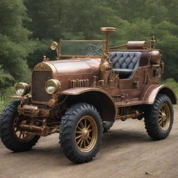 Off-road vehicles transformed in a steampunk style, complete with rugged vintage elements, copper and brass detailing, steam-powered engines, and intricate gearwork.