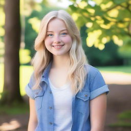 A blonde-haired teenage girl with glowing blue eyes