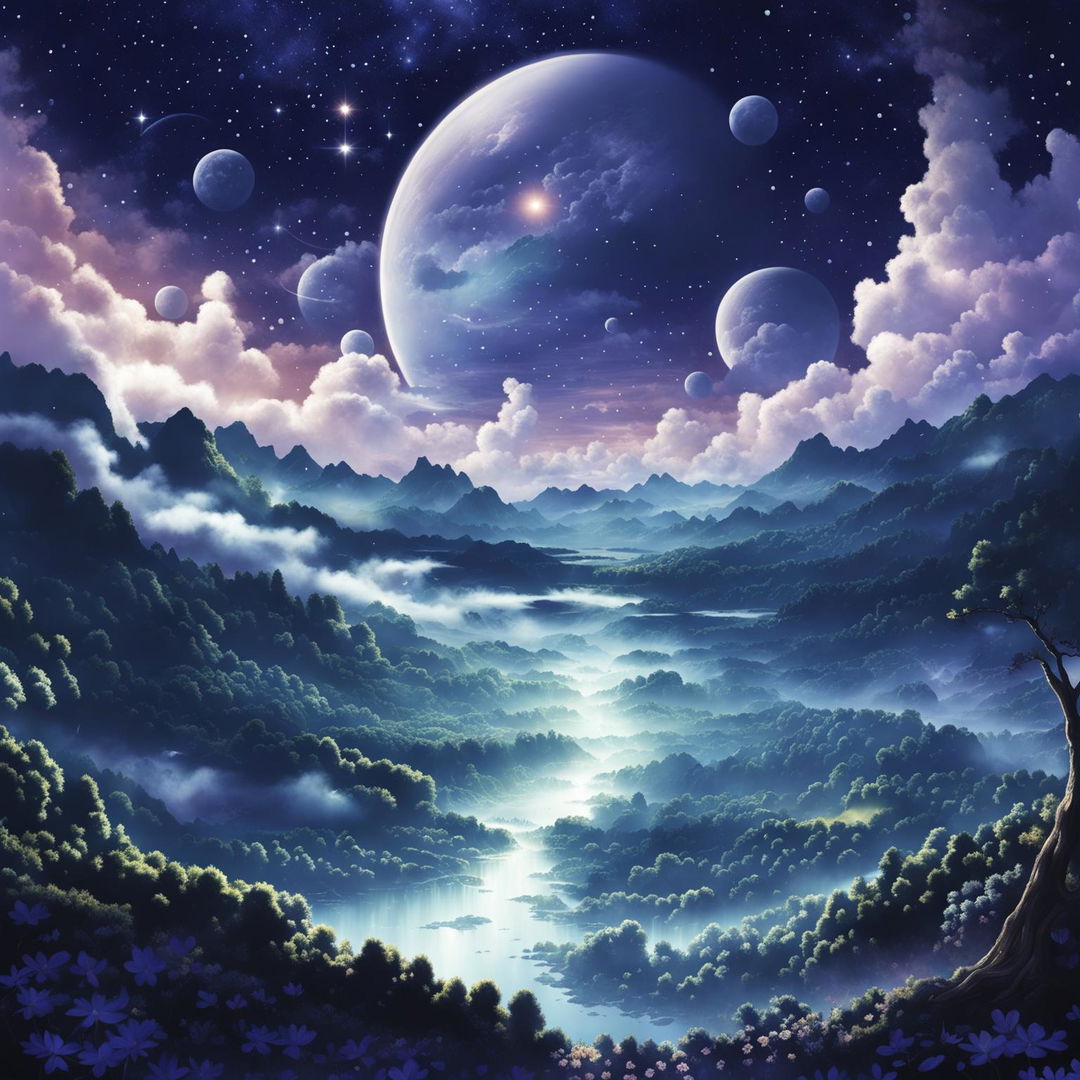 Depict a beautiful landscape with multiple moons in the sky, featuring serene natural elements and a celestial, dreamlike atmosphere