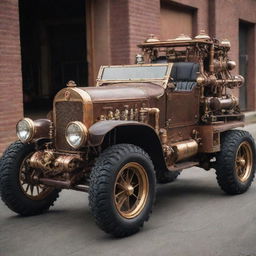 Off-road vehicles transformed in a steampunk style, complete with rugged vintage elements, copper and brass detailing, steam-powered engines, and intricate gearwork.