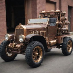 Off-road vehicles transformed in a steampunk style, complete with rugged vintage elements, copper and brass detailing, steam-powered engines, and intricate gearwork.