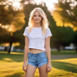 A blonde-haired teenage girl with glowing blue eyes, wearing booty shorts and a casual top