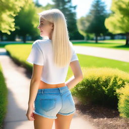 A blonde-haired teenage girl with glowing blue eyes, wearing booty shorts and a casual top