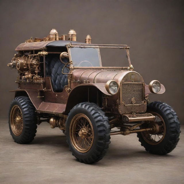 Off-road vehicles transformed in a steampunk style, complete with rugged vintage elements, copper and brass detailing, steam-powered engines, and intricate gearwork.