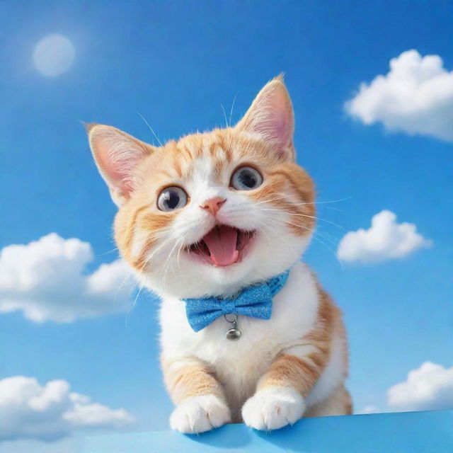 A cute chibi-style cat with braces playing under a vibrant blue sky