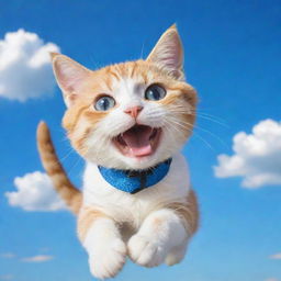 A cute chibi-style cat with braces playing under a vibrant blue sky