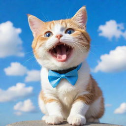 A cute chibi-style cat with braces playing under a vibrant blue sky