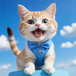 A cute chibi-style cat with braces playing under a vibrant blue sky