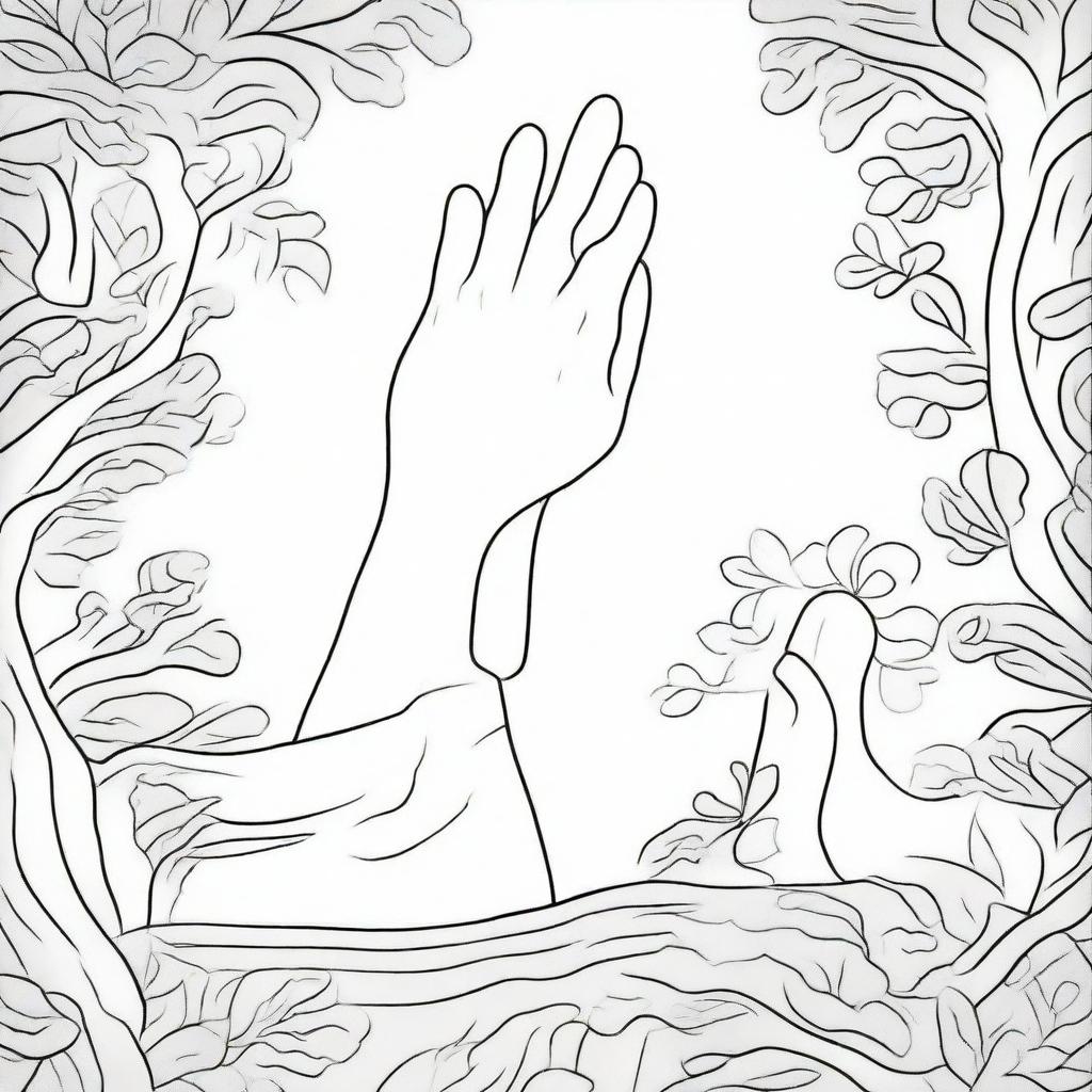 A black and white drawing of a person stepping forward with their foot while a divine hand, symbolizing God, is reaching out to touch them