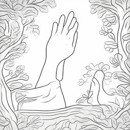 A black and white drawing of a person stepping forward with their foot while a divine hand, symbolizing God, is reaching out to touch them