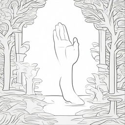 A black and white drawing of a person stepping forward with their foot while a divine hand, symbolizing God, is reaching out to touch them