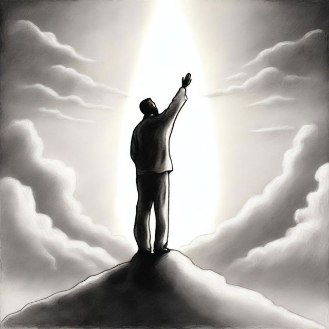 A drawing depicting a man standing with his back turned, raising his hand towards the sky