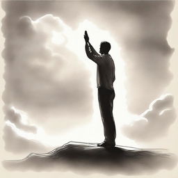 A drawing depicting a man standing with his back turned, raising his hand towards the sky