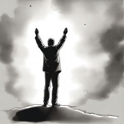 A drawing depicting a man standing with his back turned, raising his hand towards the sky