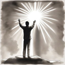 A drawing depicting a man standing with his back turned, raising his hand towards the sky