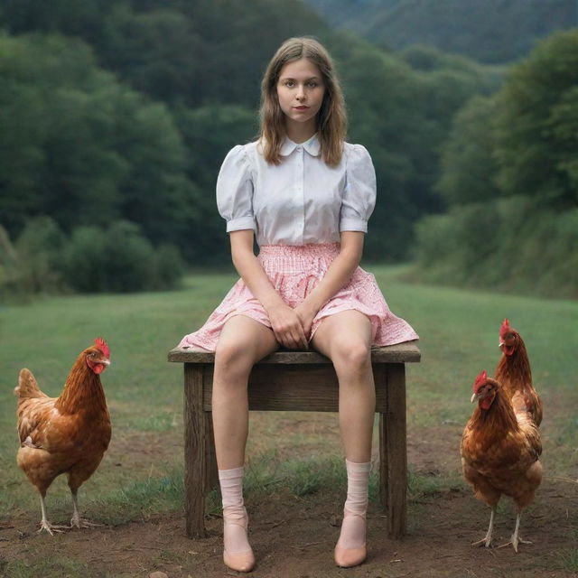 Surreal imagery of a girl with chicken legs instead of her own, in a picturesque and playful setting.