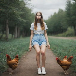 Surreal imagery of a girl with chicken legs instead of her own, in a picturesque and playful setting.