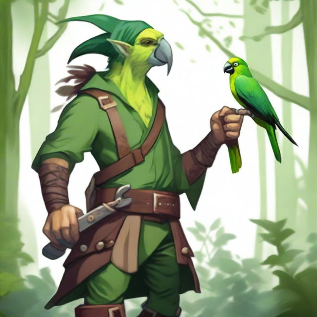 A chaotic neutral forest elf pirate for Dungeons & Dragons, with a green wooden parrot perched on their shoulder