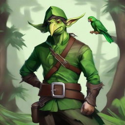 A chaotic neutral forest elf pirate for Dungeons & Dragons, with a green wooden parrot perched on their shoulder