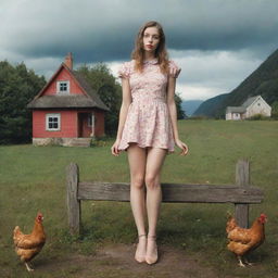 Surreal imagery of a girl with chicken legs instead of her own, in a picturesque and playful setting.